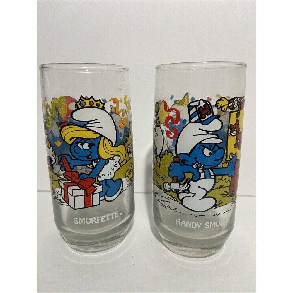 Smurf Drinking Glasses 1983 Peyo Smurfette And Handy Smurf